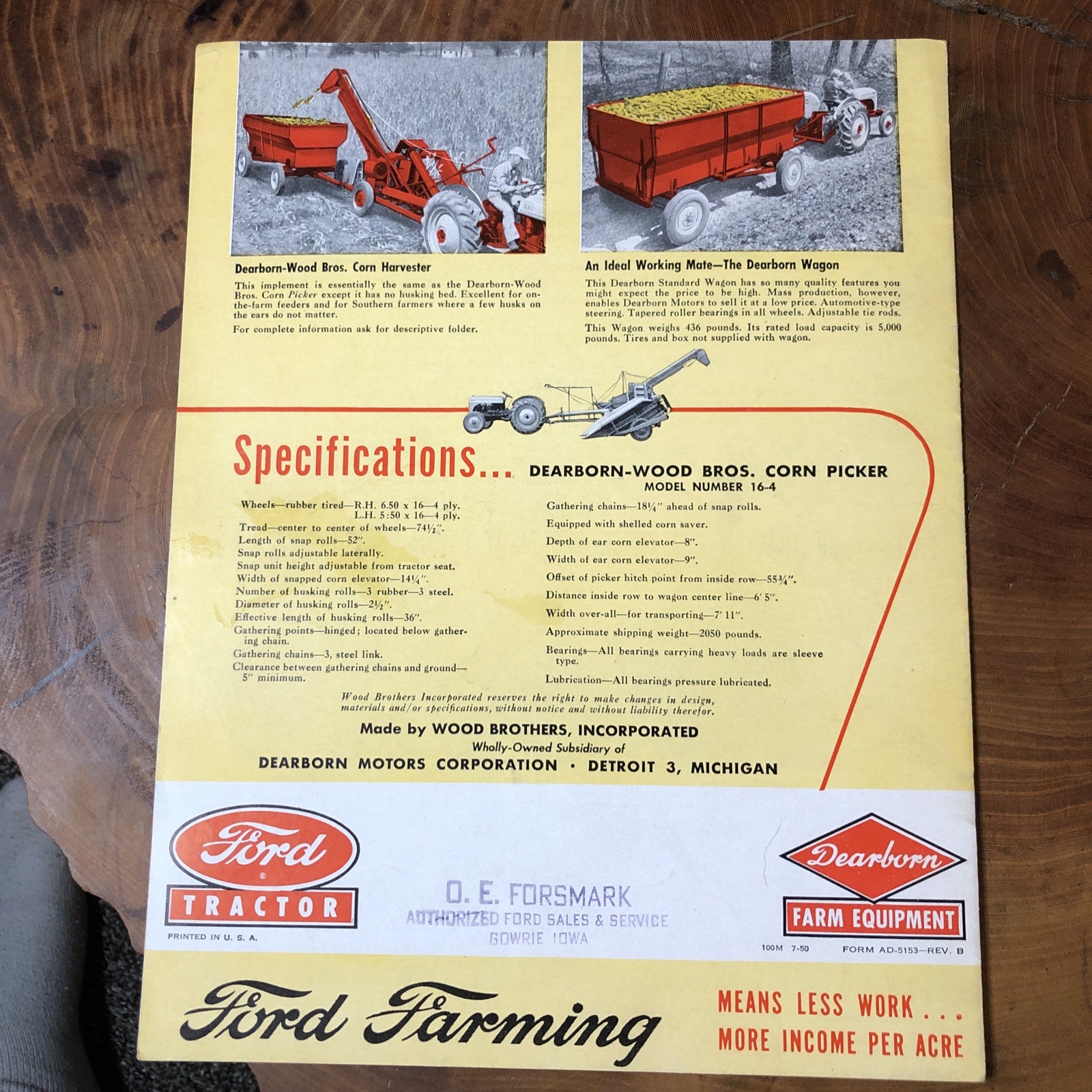Ford Tractor Dearborn Wood Bros. Corn Picker Brochure
