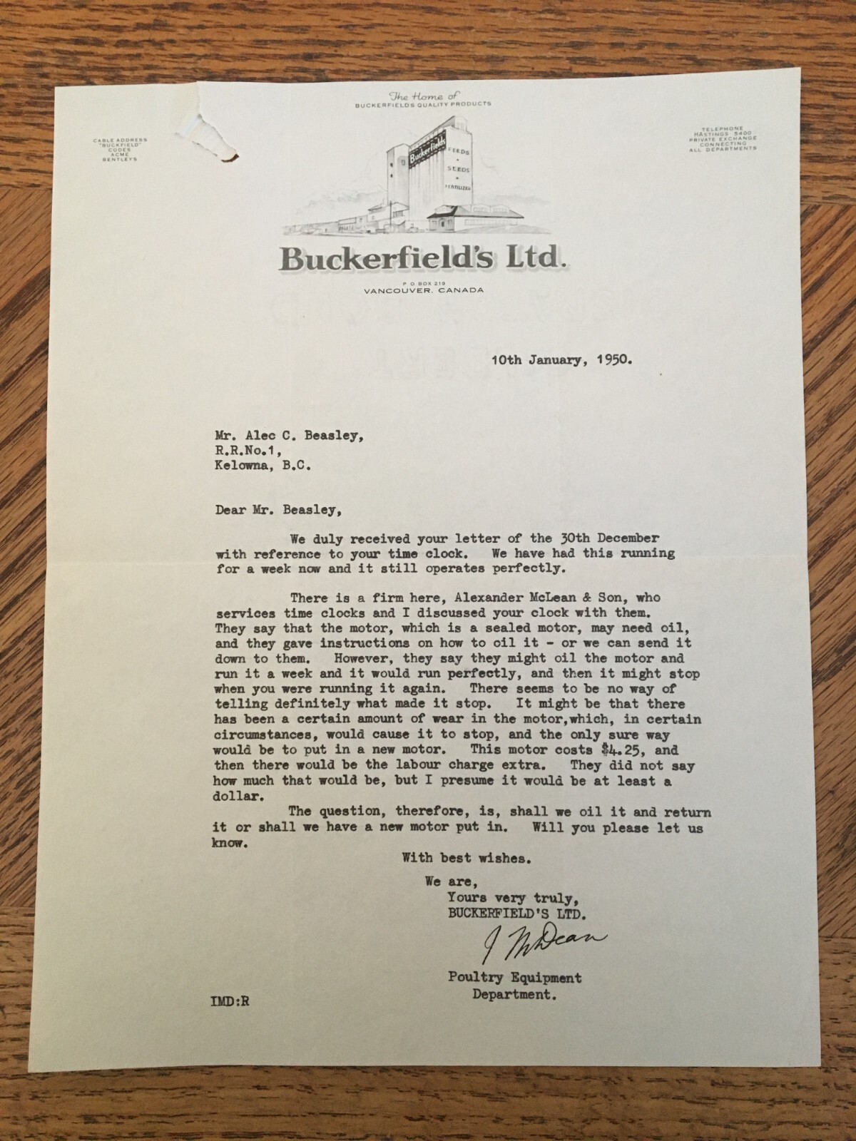 Buckerfields Ltd Farm Tool Machinery Letter Receipt 1950 Cattle Ranch Kelowna BC