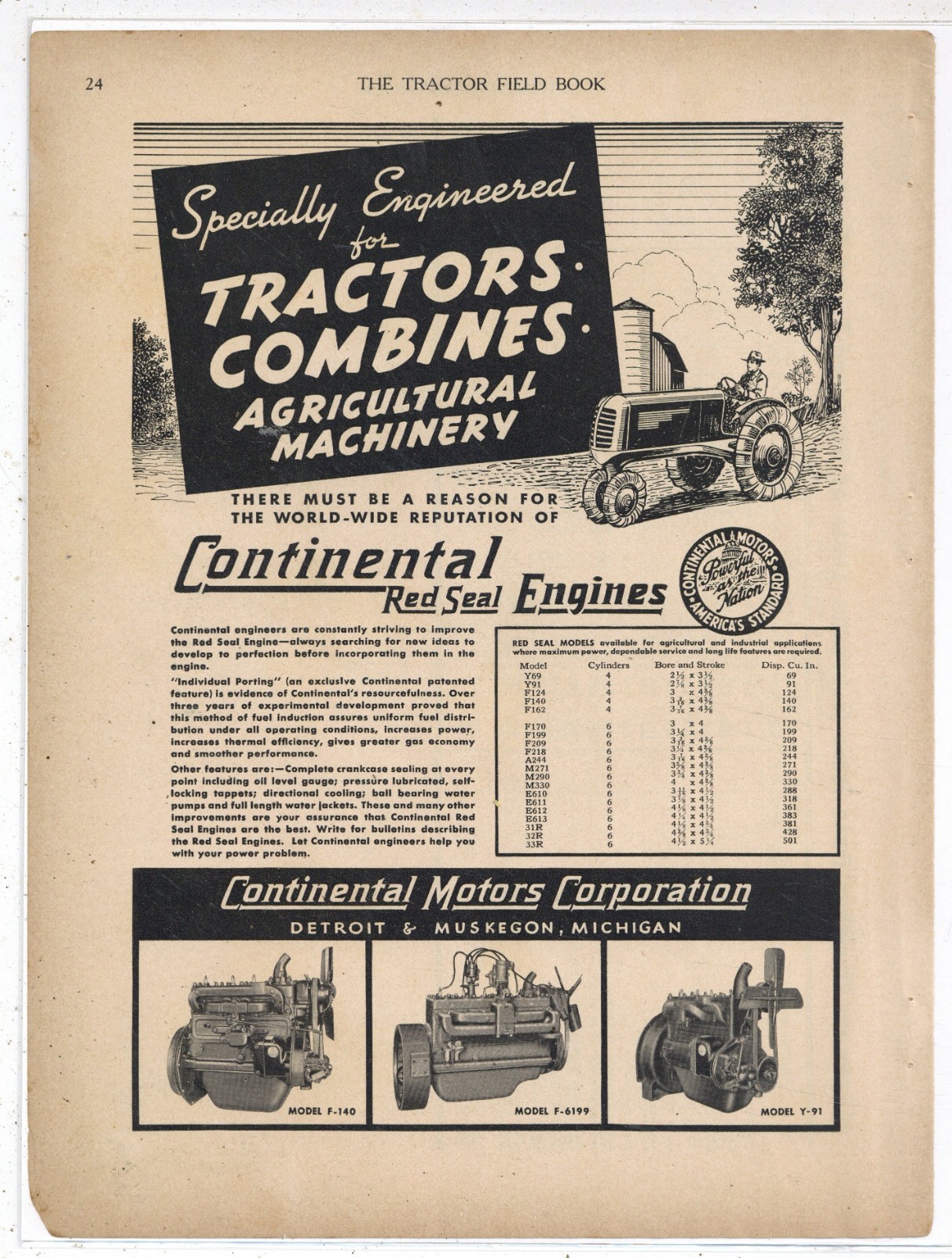 1939 Continental Motors Muskegon Michigan Ad: Tractor & Combine Red Seal Engines