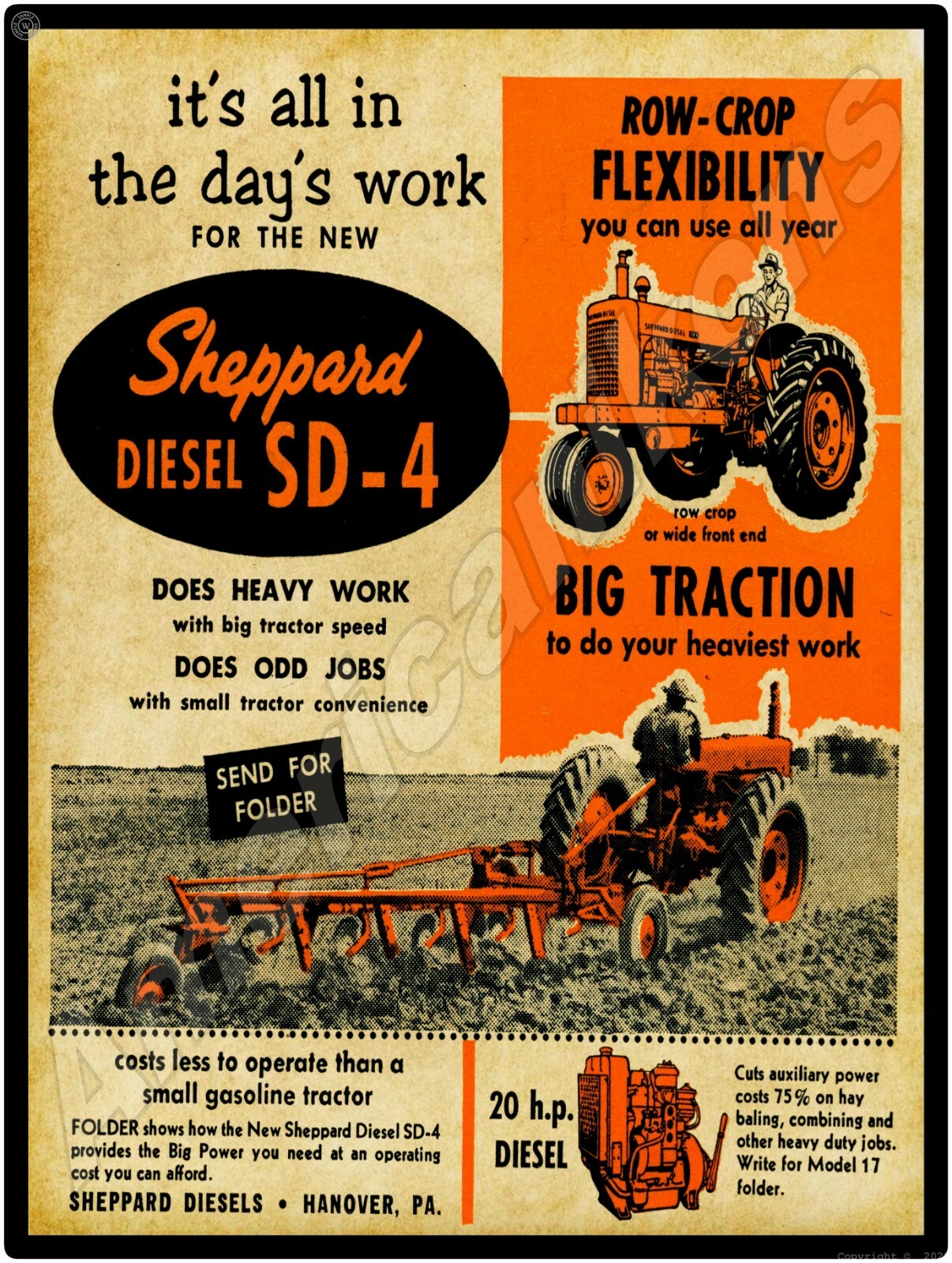 1954 Sheppard Tractors Vtg Look New Metal Sign: Diesel SD-4 Model – Large Size