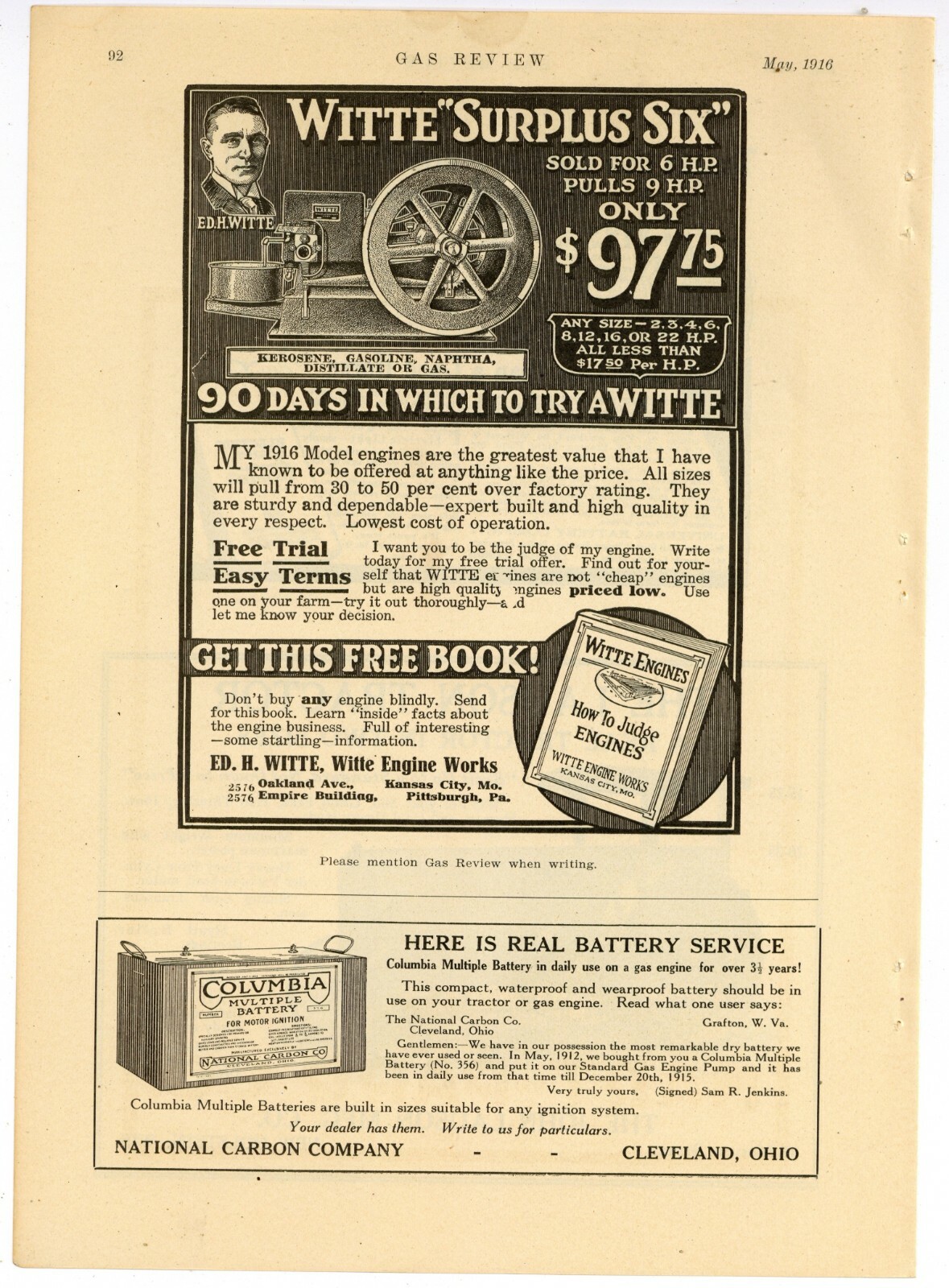 1916 Ed. H. Witte Engine Works Ad: Surplus Six Model – Kansas City, Missouri