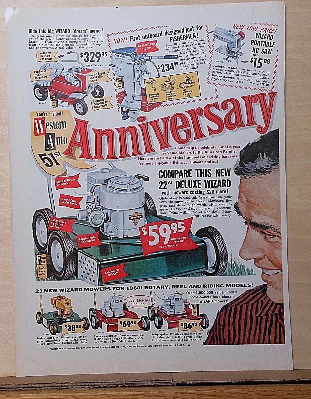 1960 magazine ad for Wizard Lawn Mowers – Western Auto 51 years, Deluxe mower