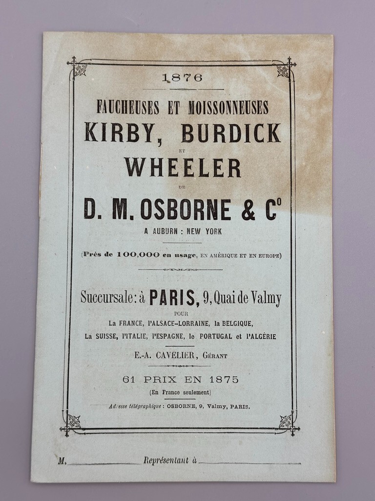 1876 DM OSBORNE Farm MOWER Harvester ADVERTISING French Catalog Antque AUBURN NY