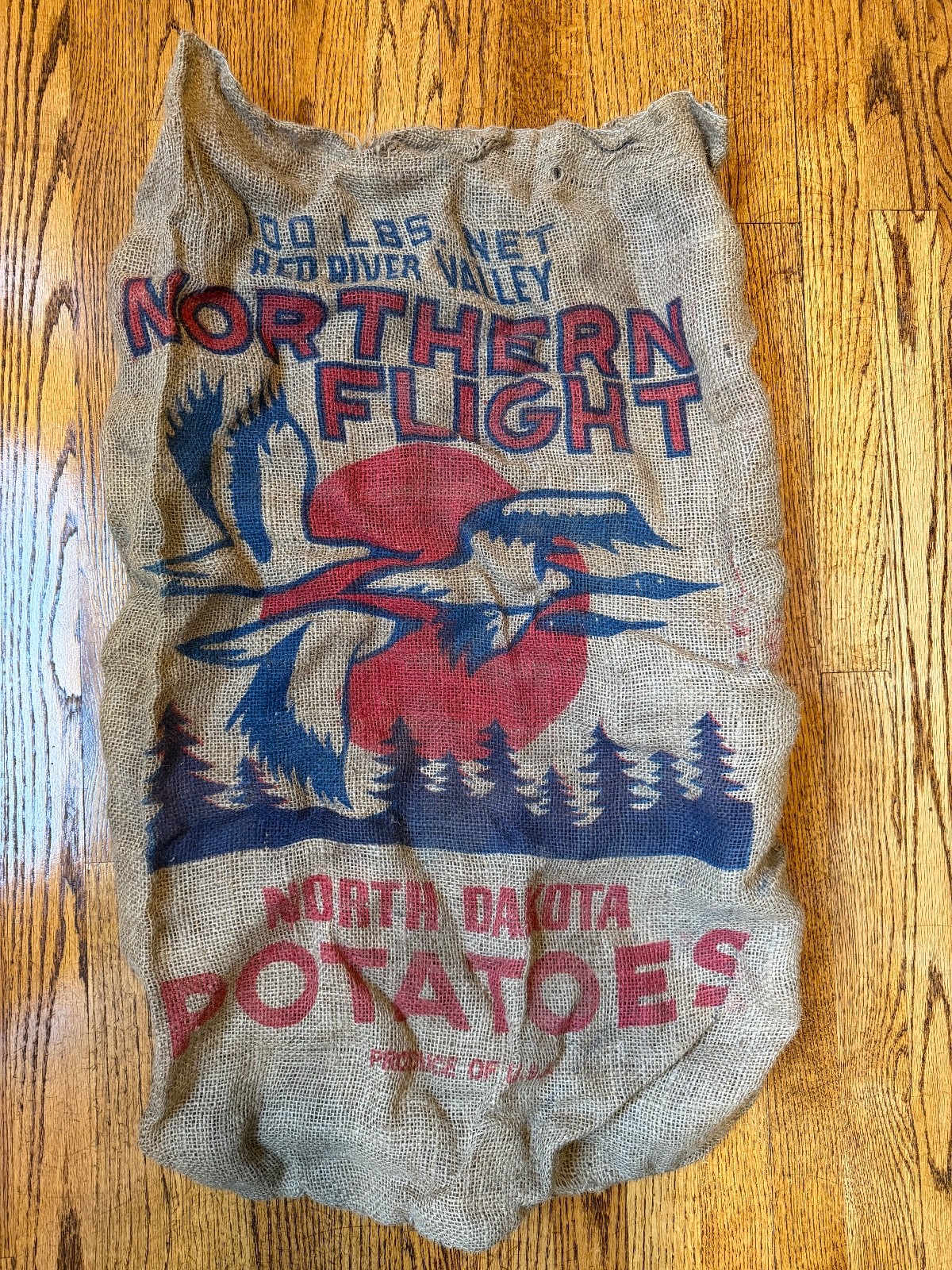 Vintage Northern Flight 100 lbs Potato Burlap Sack, North Dakota Potatoes Rare