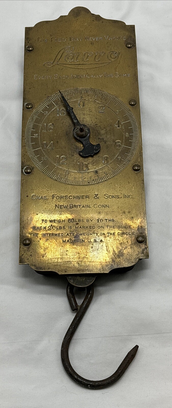 Vintage Larro Farm Sure Milk Brass Hanging Scale Dairy Farm Advertising.