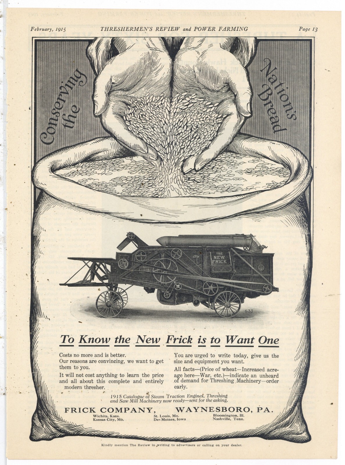 1915 Frick Co. Ad: The NEW FRICK Thresher – Conserving the Nation&rsquo;s Bread, WW1