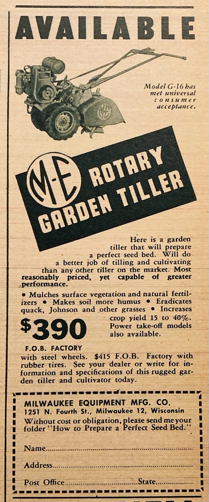 1946 AD.(PC6)~MILWAUKEE EQUIPMENT MFG. CO. WISC. M-E ROTARY GARDEN TILLER