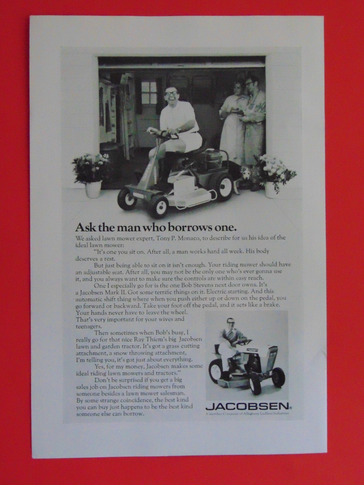 1971 JACOBSEN RIDING LAWN MOWER Ask the man who borrows one vintage art print ad