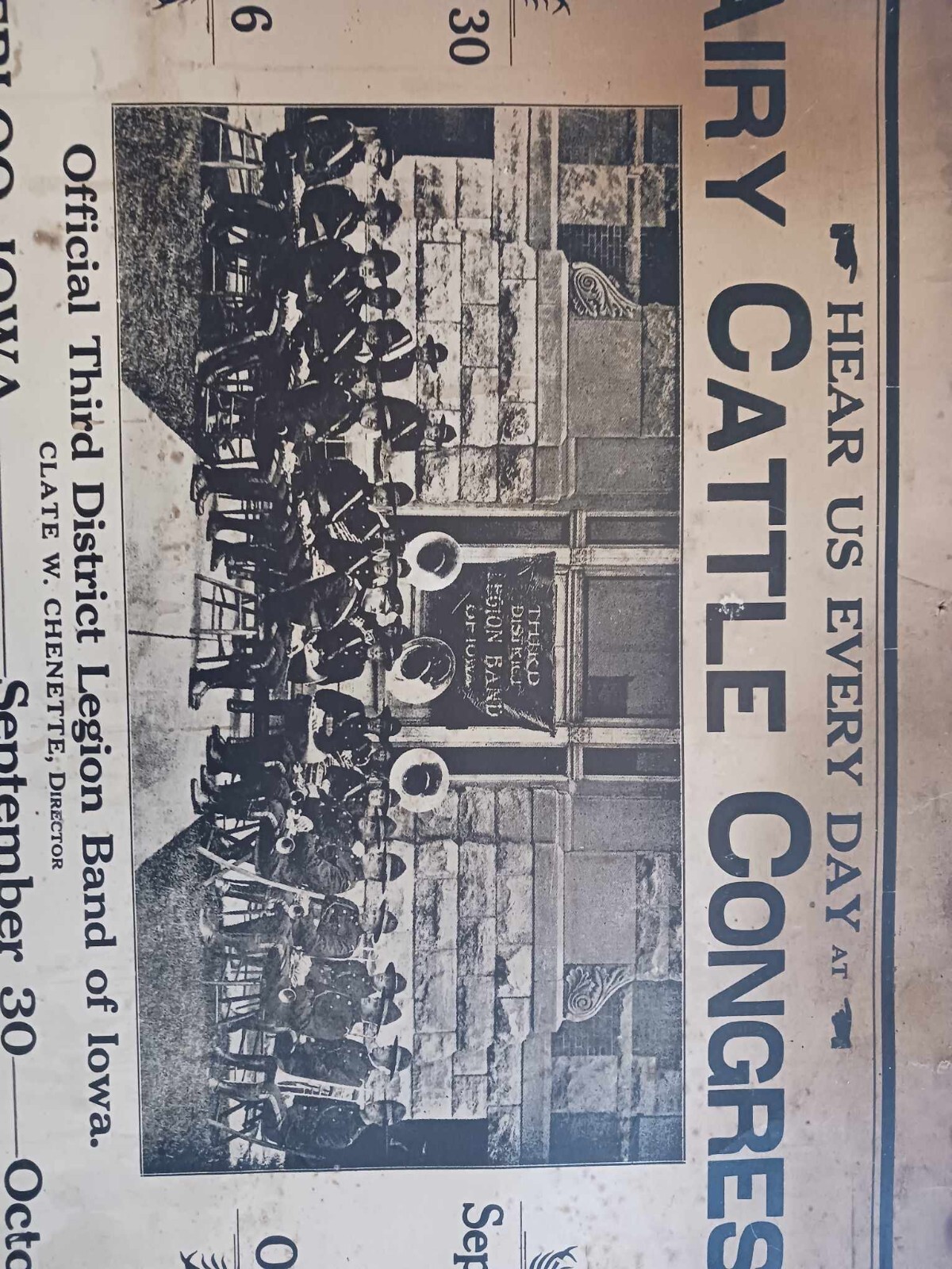 1925 DAIRY CATTLE CONGRESS POSTER SIGN LEGION BAND WATERLOO ACKLEY IOWA 22&Prime; X 14