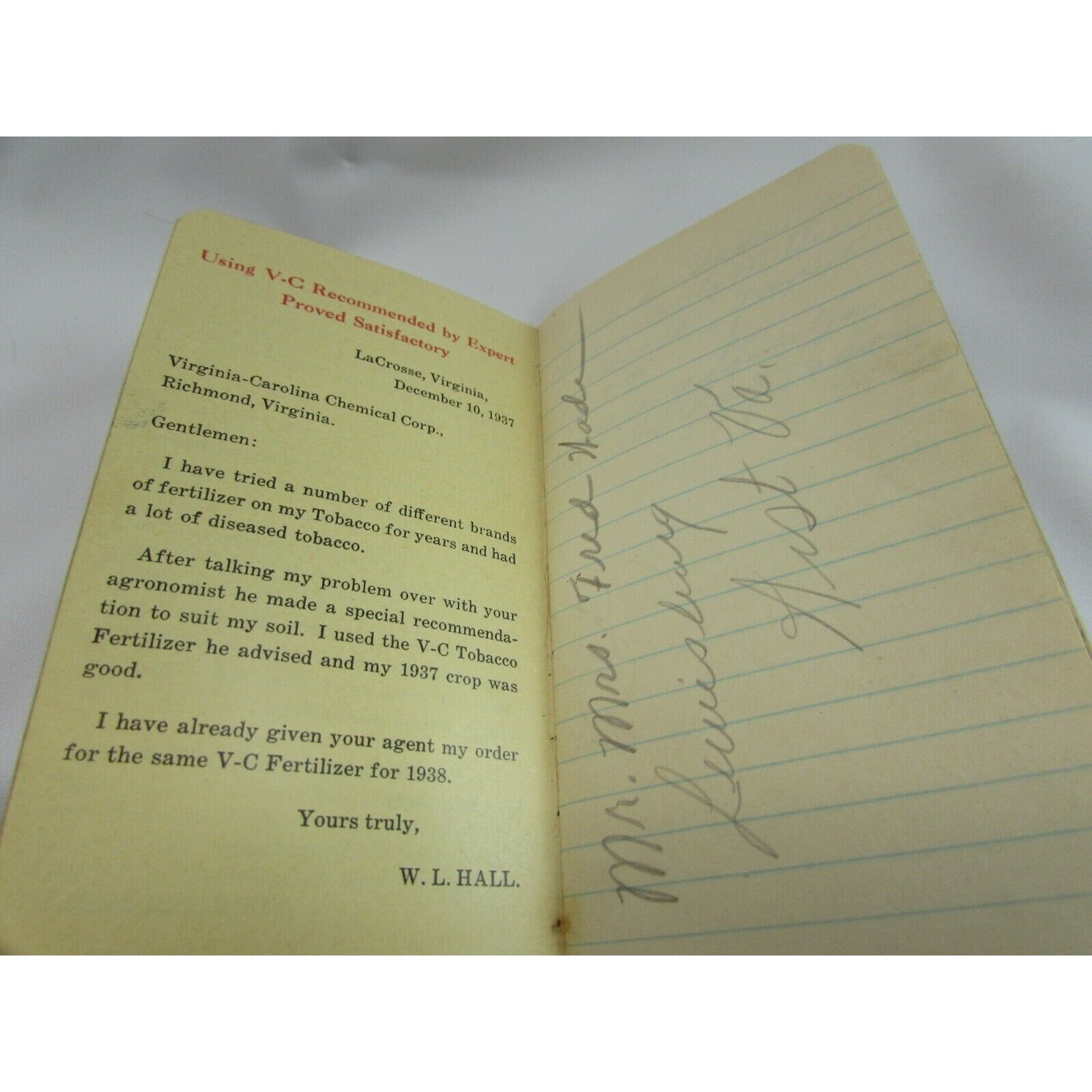 VINTAGE 1940&rsquo;s VC FERTILIZERS NOTEBOOK VIRGINIA CAROLINA CHEMICAL Co 32453