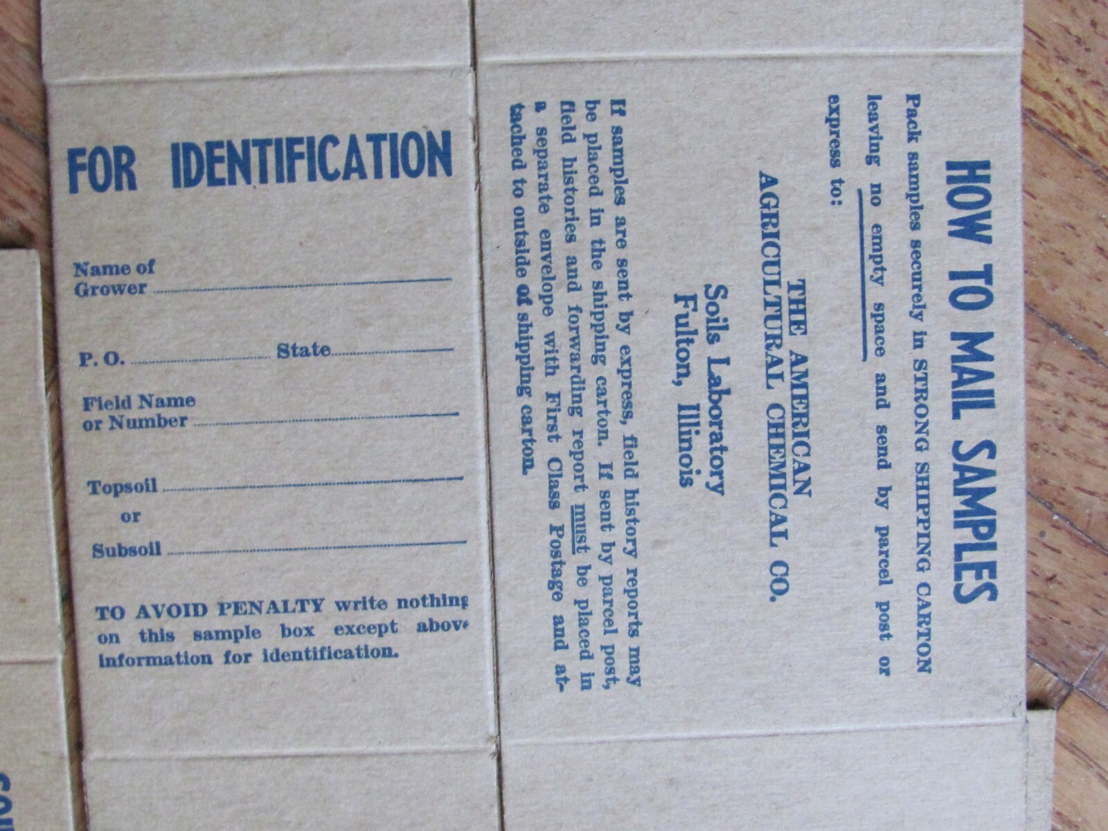 3 BOXES SOIL SAMPLE AMERICAN AGRICULTURE CHEMICAL CO FULTON IL FARM FERTILIZER