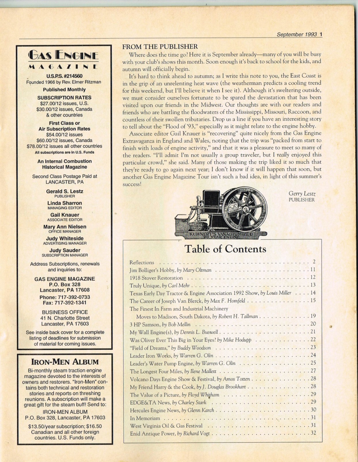 The GAS ENGINE magazine September 1993, Leader Iron Works, 3HP Samson