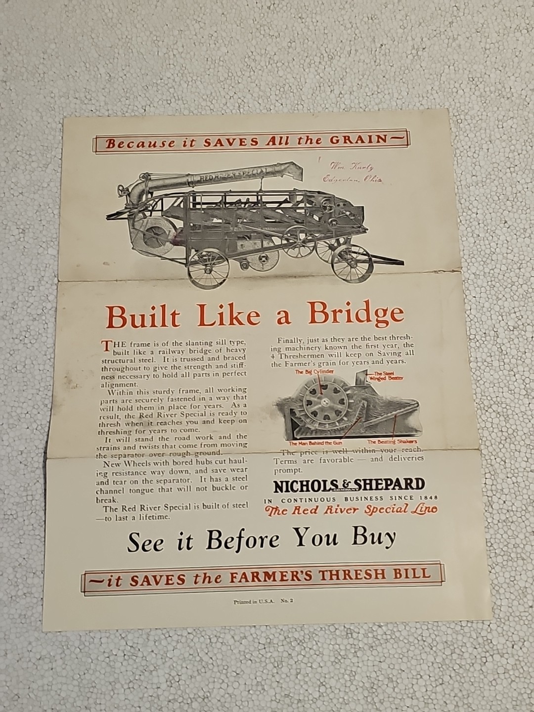 Original Nichols & Shepard Thresher Red River Special Line Mailer Ad
