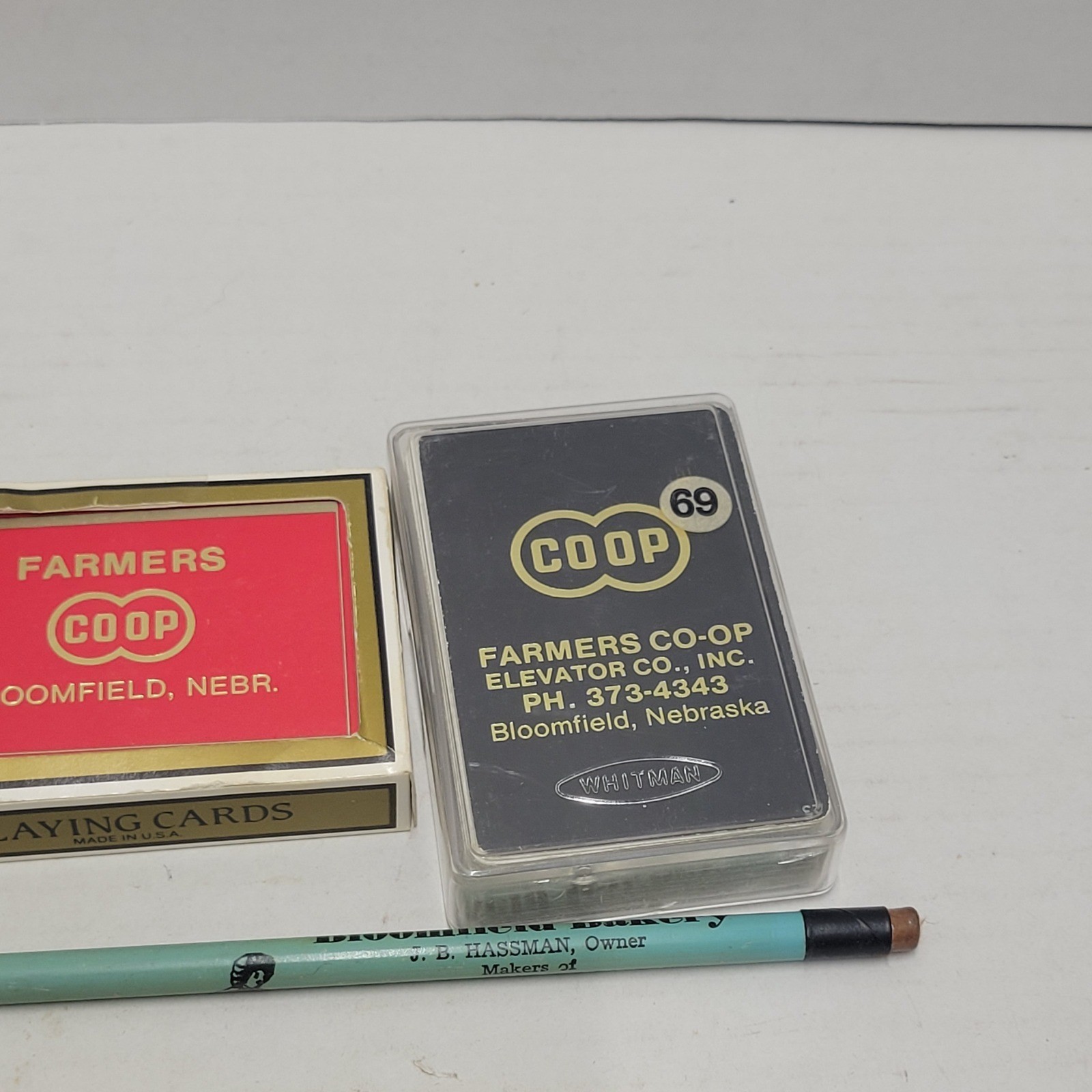 Vintage Bloomfield Nebraska Advertising Lot Farmers Co-op Playing Cards Pencils