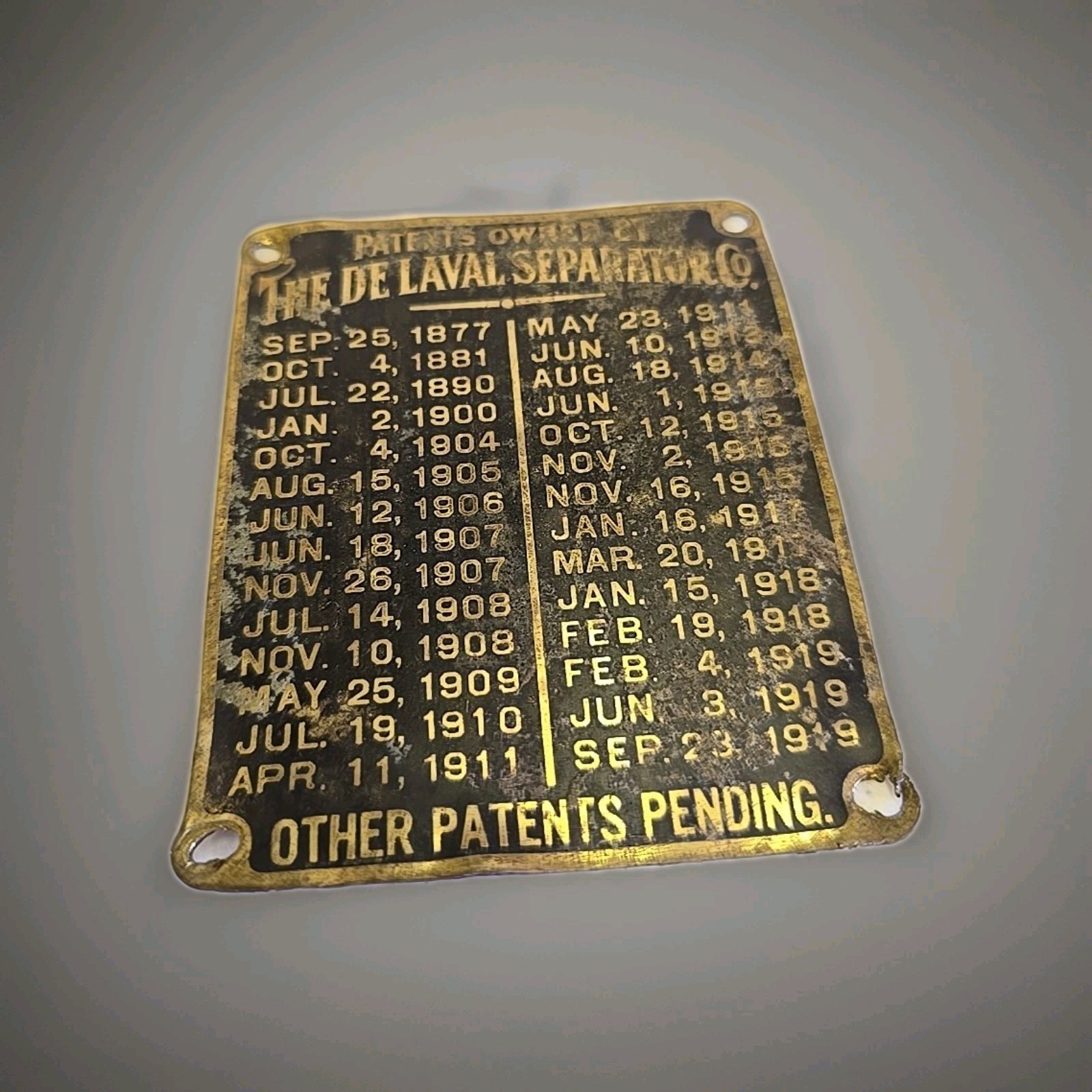 Antique De Laval Seperator Co Advertising 1919 Brass Patent List Badge Emblem