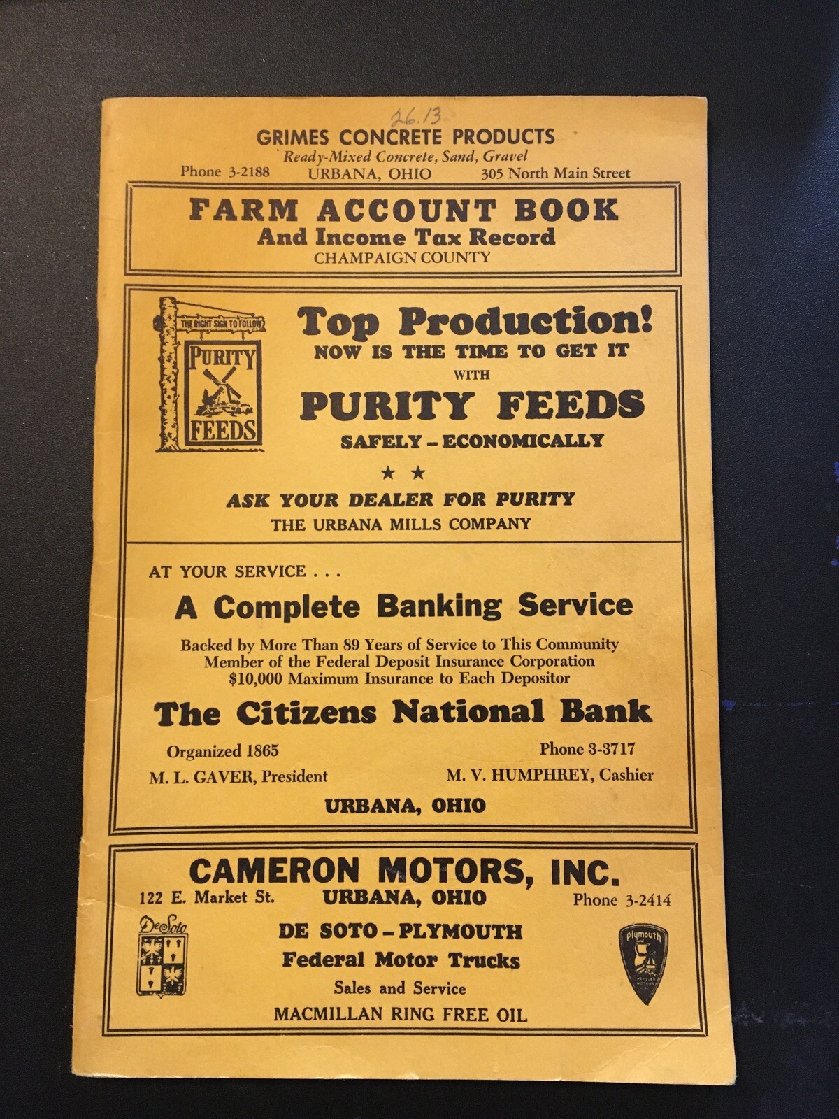 1954 URBANA OHIO FARM ACCOUNT BOOK-LOTS OF ADVERTISING