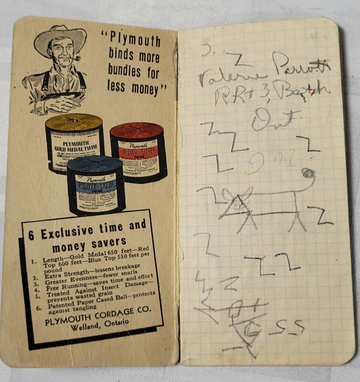 1940&rsquo;S PLYMOUTH TWINE POCKET NOTEBOOK CALENDAR ANTIQUE ADVERTISING FARMING ROPE