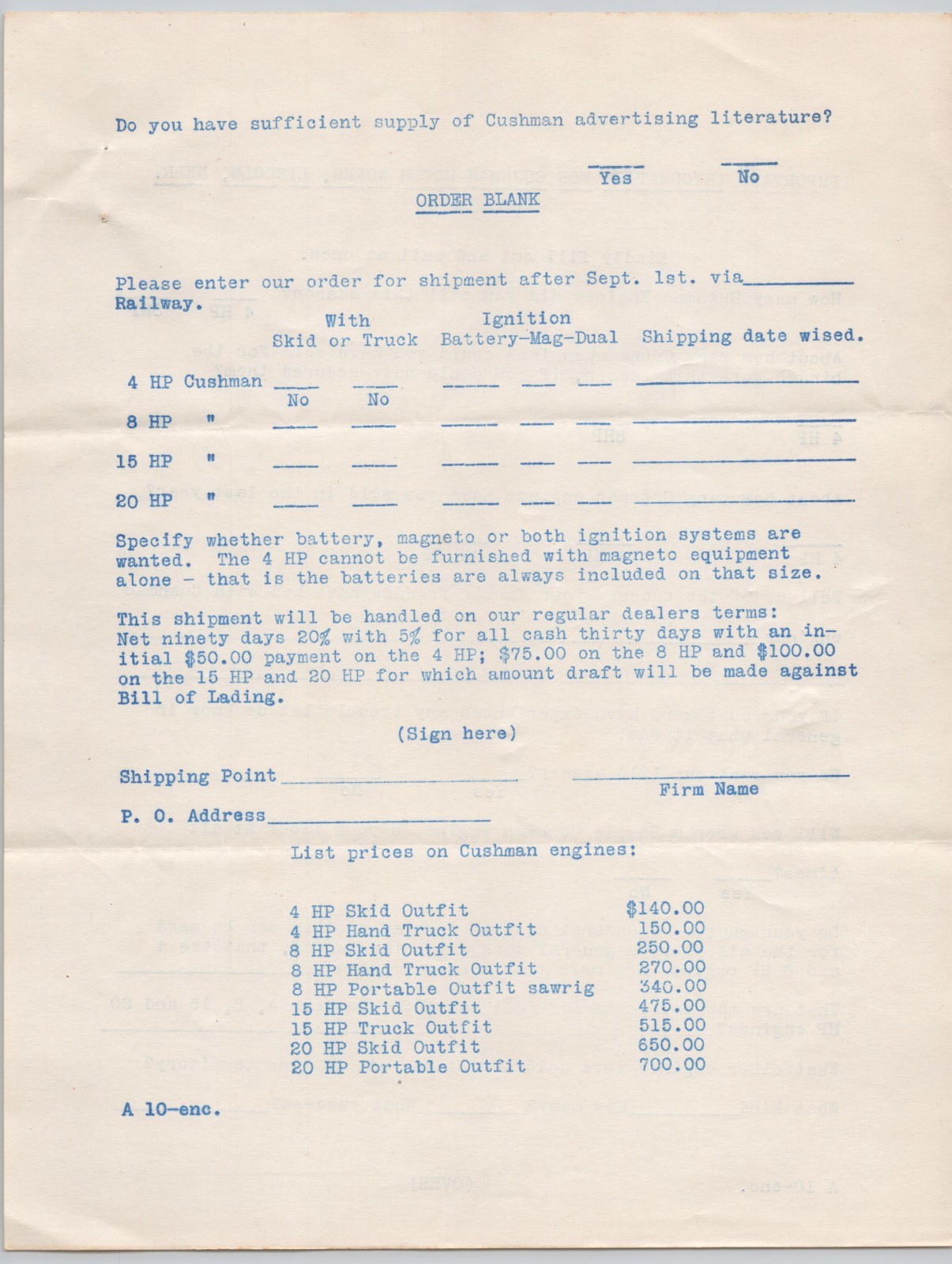 1915 Gasoline Engine Cushman Motor Works Lincoln NE Embossed Letterhead + BH2-26