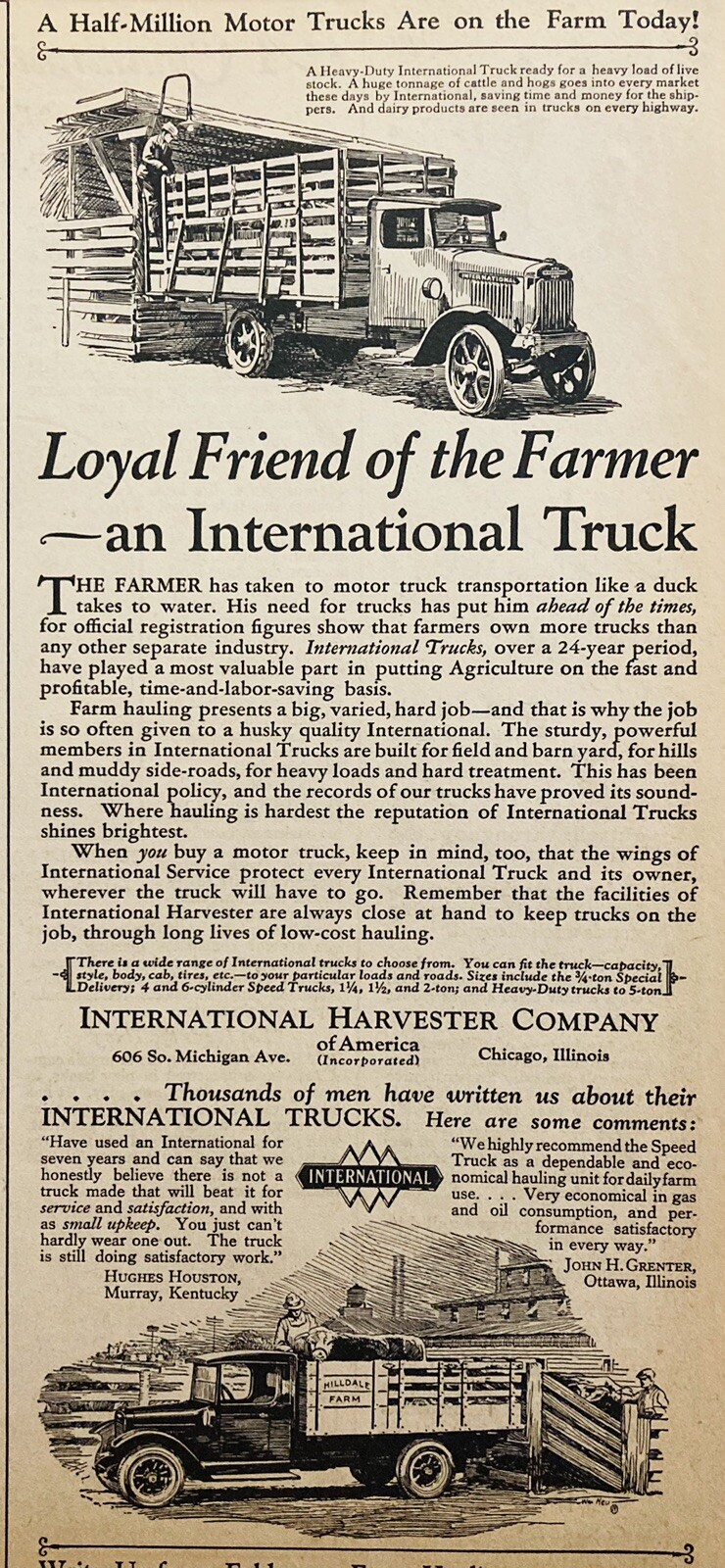 1928 AD.(XH74)~INTERNATIONAL HARVESTER CO. HEAVY DUTY INTERNATIONAL FARM TRUCKS