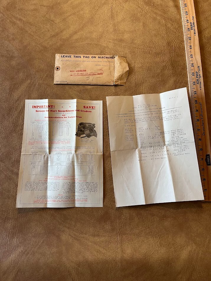 Hart Scourkleen Model 1289 Grain Tank Packing List Attaching Directions Tag 1945