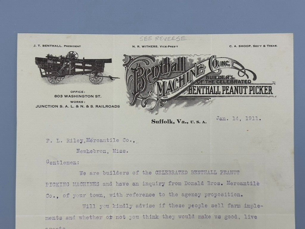 1911 BENTHALL PEANUT PICKER Machinery FARM Advertising Letter SUFFOLK Virginia