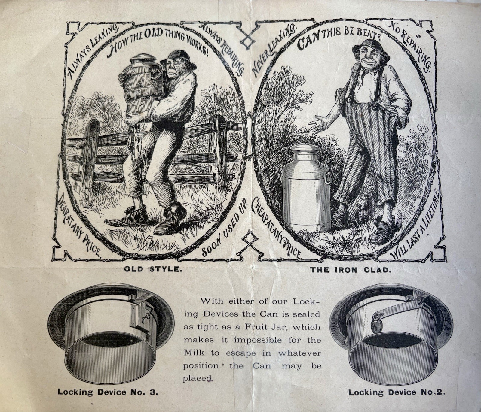 1870 Handbill for The Iron Clad Milk Can Patented Dairy Farm Collectibles