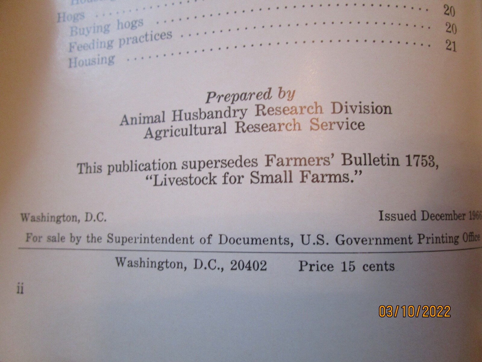 JUNEAU, WIS 1966, Raising Livestock On Small Farms Farmers Bulletin 2224 -E9G-24