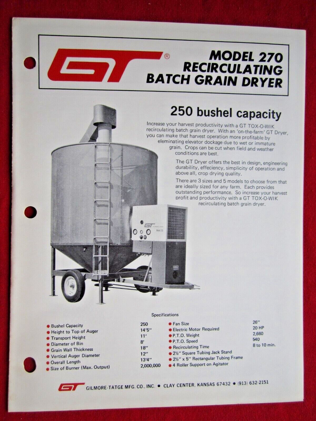 1975 GT GILMORE-TATGE, CLAY CENTER, KANSAS, MODEL 270 BATCH GRAIN DRYER BROCHURE