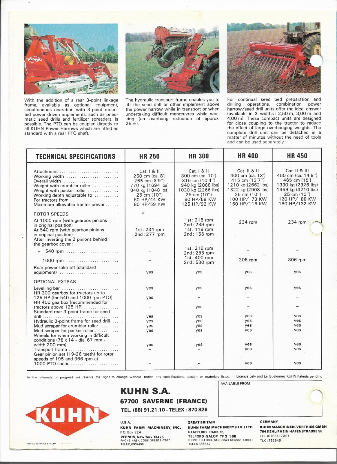 Original OEM OE Kuhn Models HR250 HR300 HR400 HR450 Power Harrows Sales Brochure