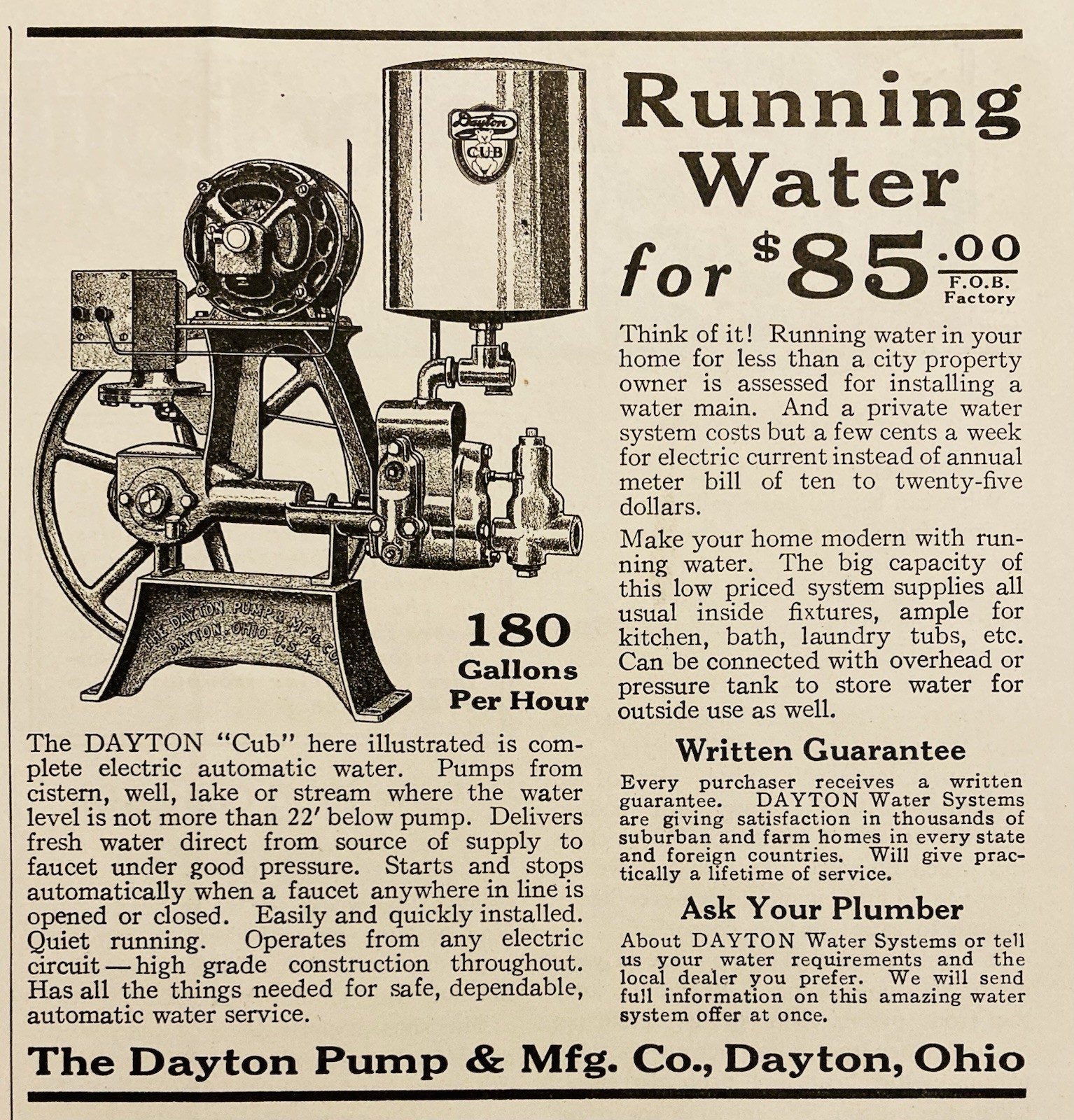 1924 AD.(XH82)~DAYTON PUMP MFG. CO. DAYTON, O. DAYTON “CUB” WATER SYSTEM
