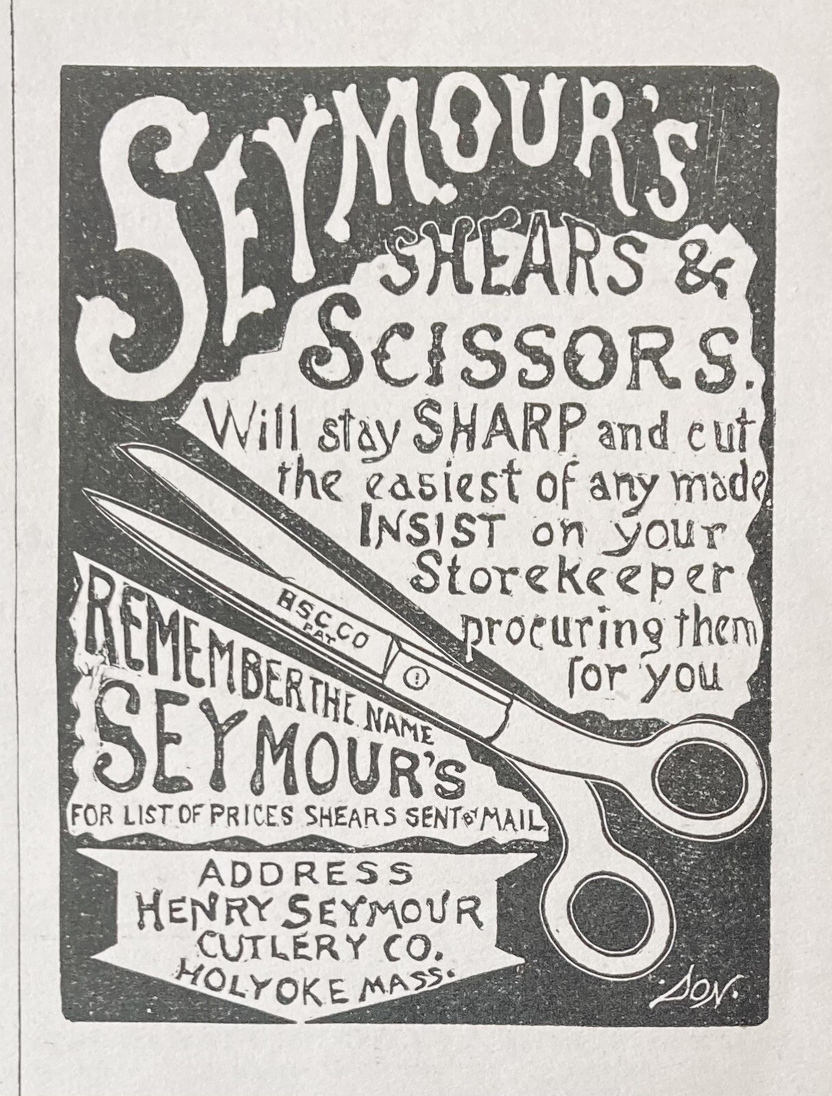1889 AD.(XH6)~HENRY SEYMOUR CUTLERY CO. HOLYOKE, MASS. SHEARS AND SCISSORS