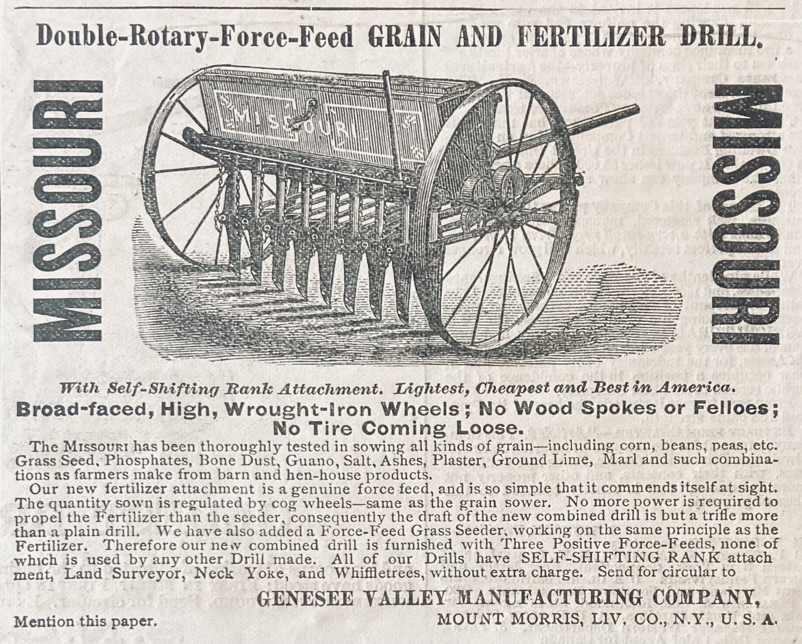 1882 AD.(XH64)~GENESEE VALLEY MFG. CO. MT. MORRIS CO., NY. MISSOURI GRAIN DRILL