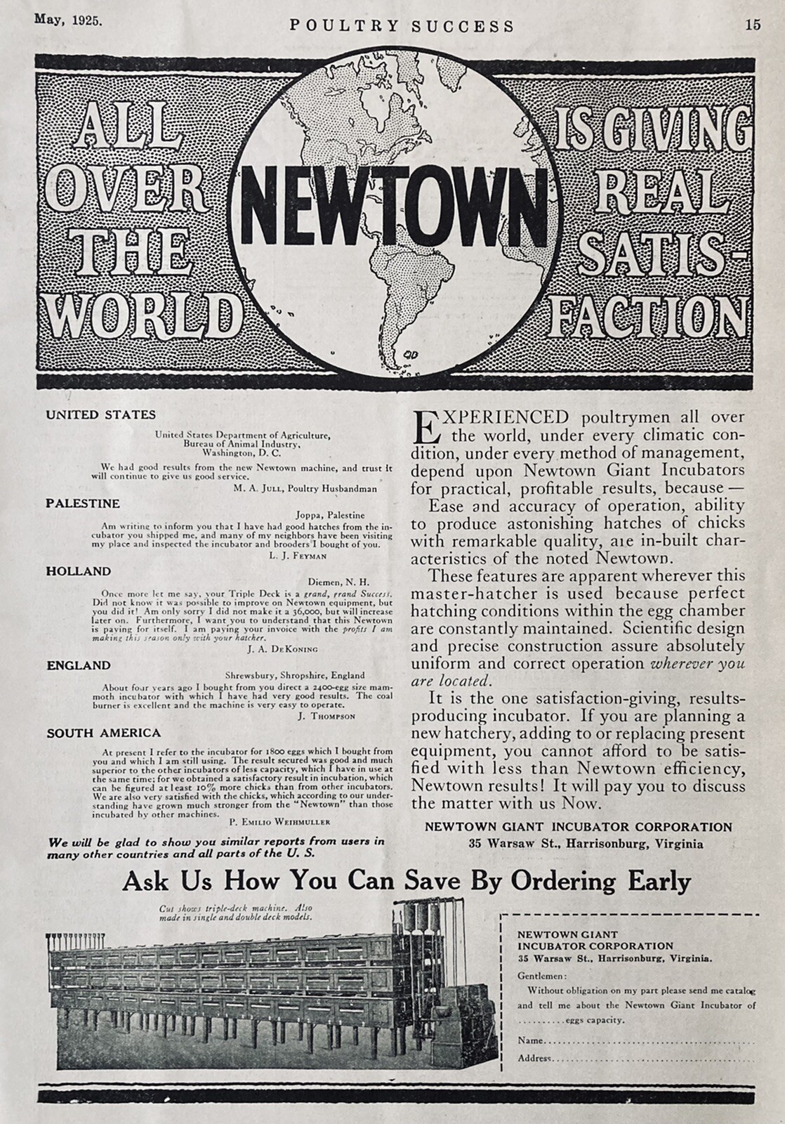 1925 AD(XH44)~NEWTOWN GIANT INCUBATOR CO. HARRISONBURG, VA. CHICK INCUBATOR’S