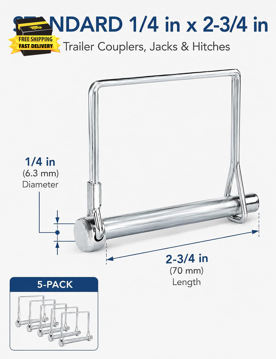 5 Pack Square Trailer Pin 1/4 Inch X 2-3/4 Inch, Heavy Duty Shaft Locking Pin, C