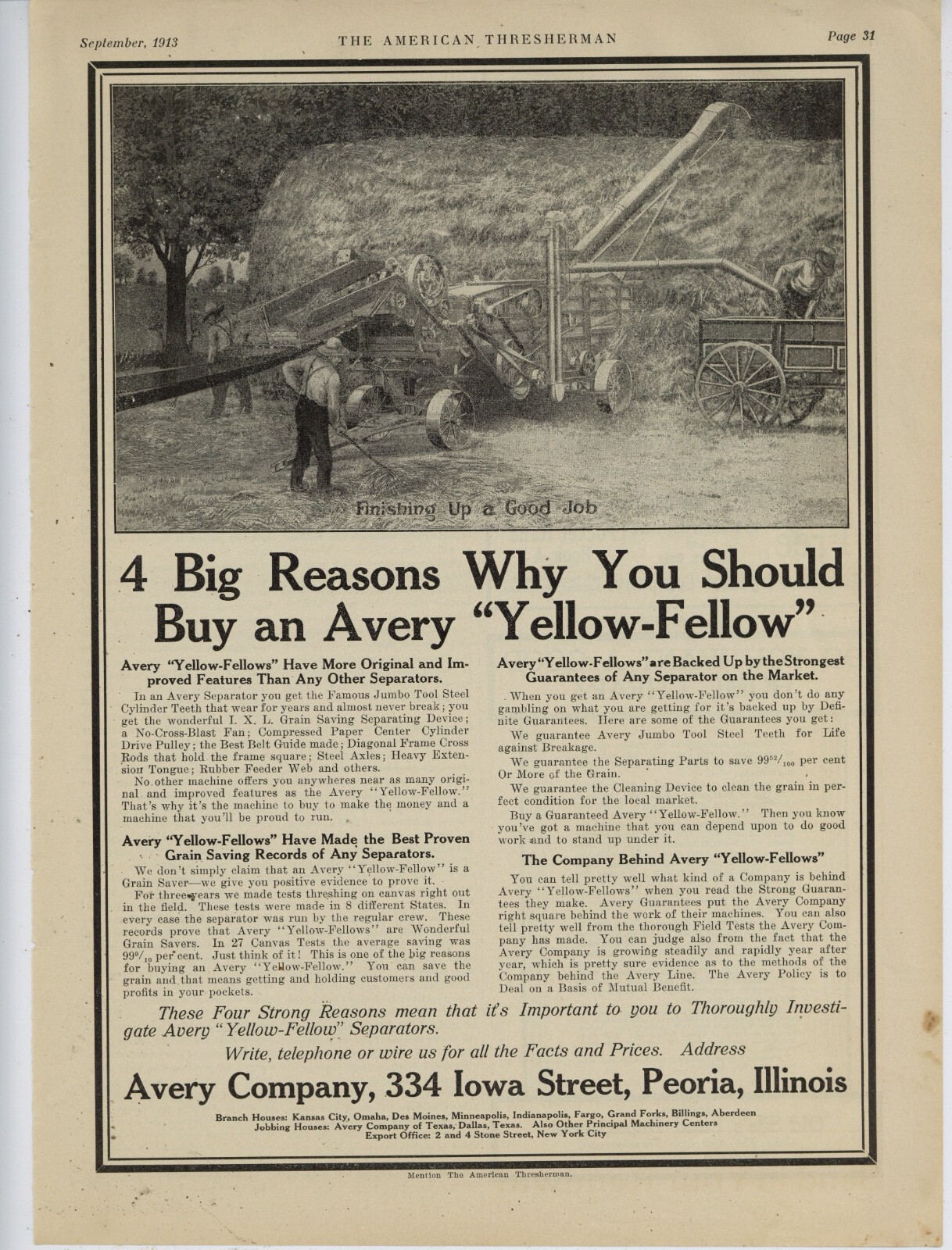 1913 Avery Co. Ad: Yellow Fellow Separator on the Job – Peoria, Illinois