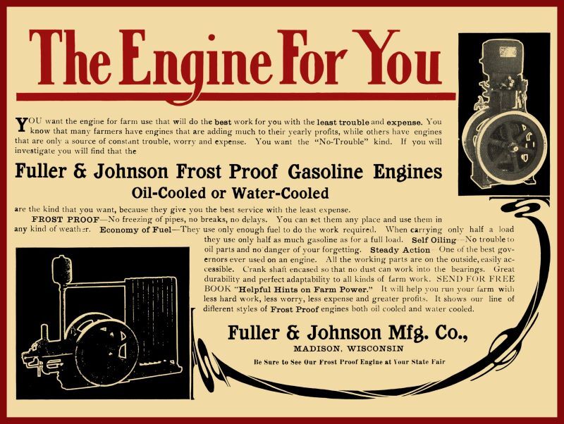 1905 Fuller & Johnson NEW Metal Sign: Frost Proof Gas Engine – Madison Wisconsin