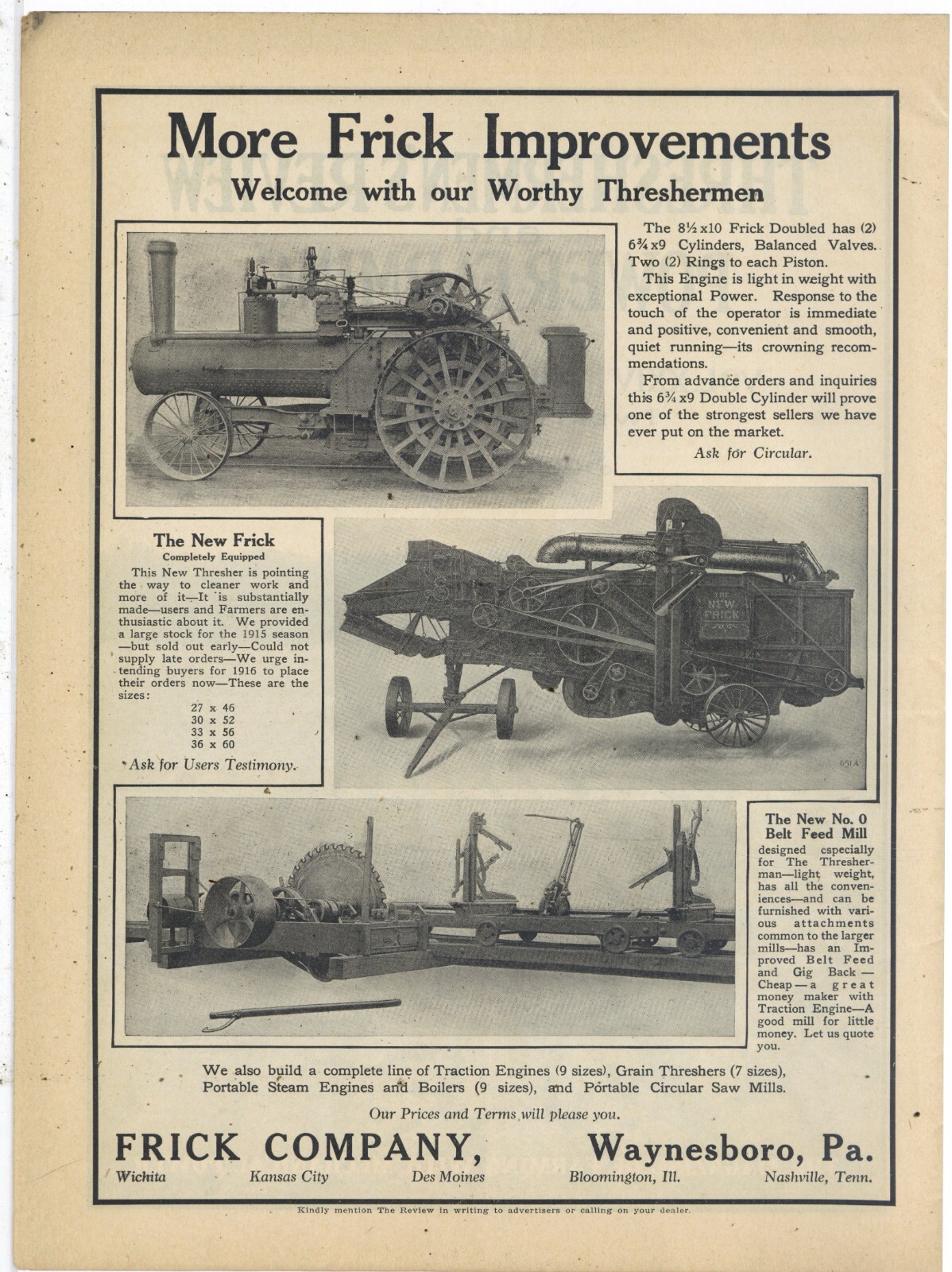 1915 Frick Co. Ad: Frick Doubled Steam Engine & Thresher, No. 0 Belt Feed Mill