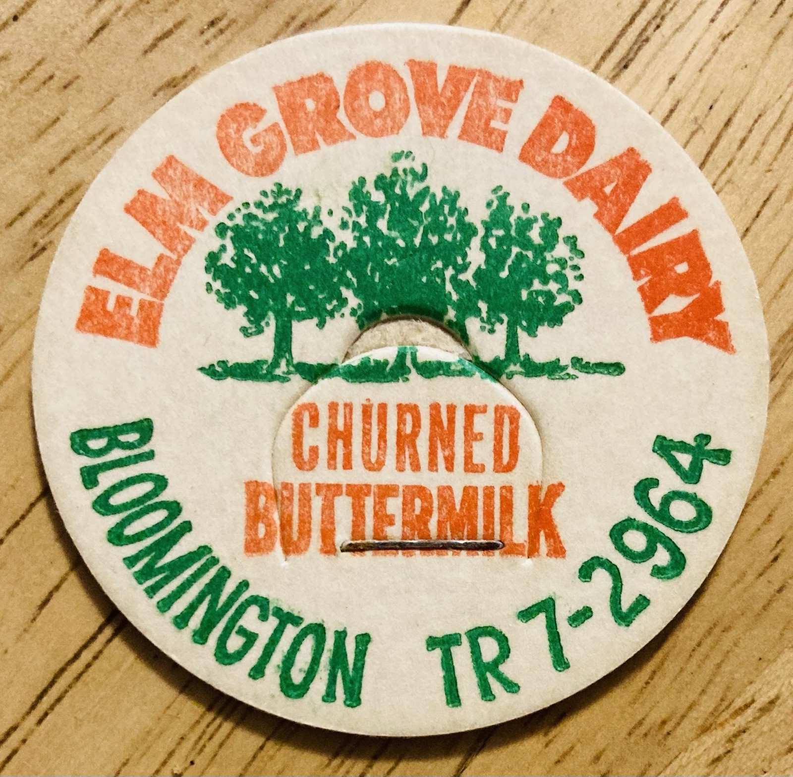 MILK BOTTLE CAP~ELM GROVE DAIRY, BLOOMINGTON. CHURNED BUTTERMILK