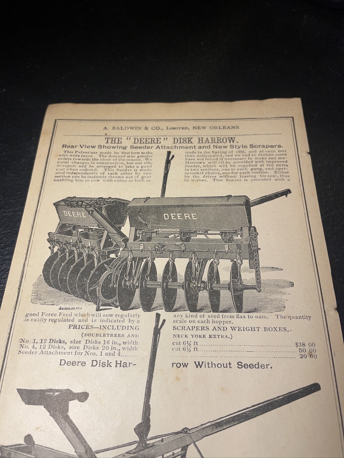 1891 Baldwin – Deere Disc Harrow Farm Advertising – New Orleans