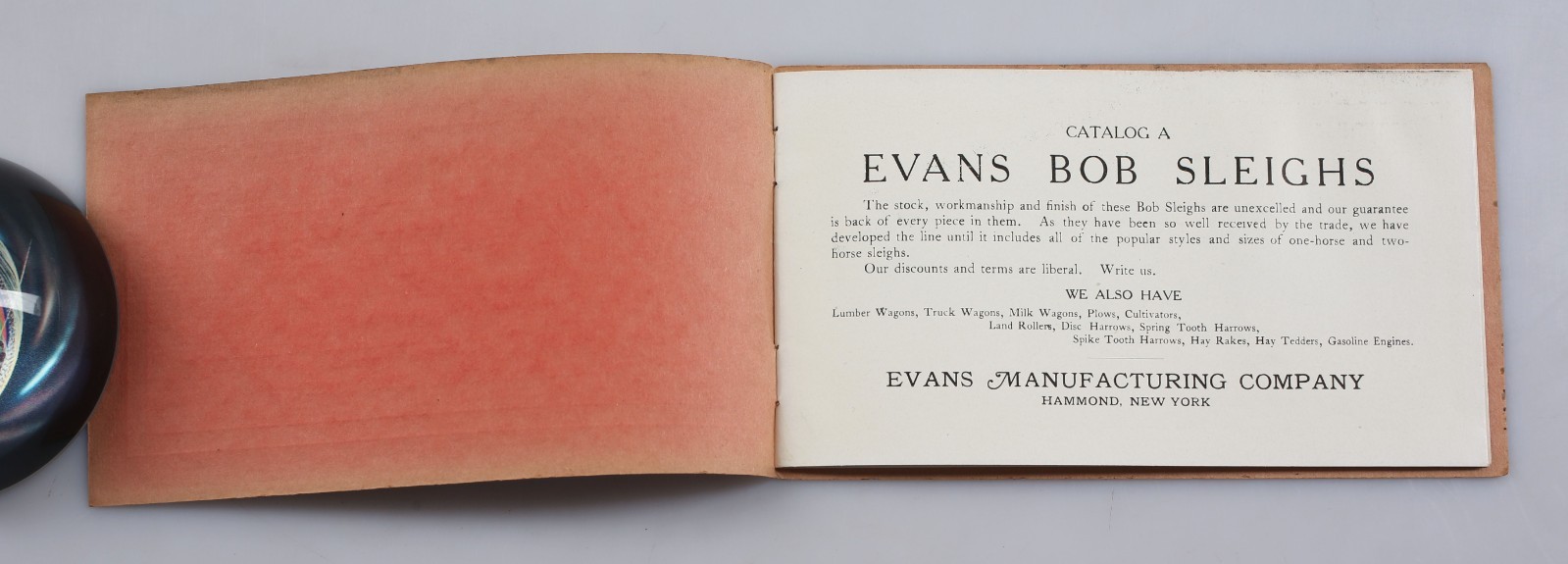 Vintage Bob Sleighs Catalog Evans Manufacturing Co. Hammond New York 1890s