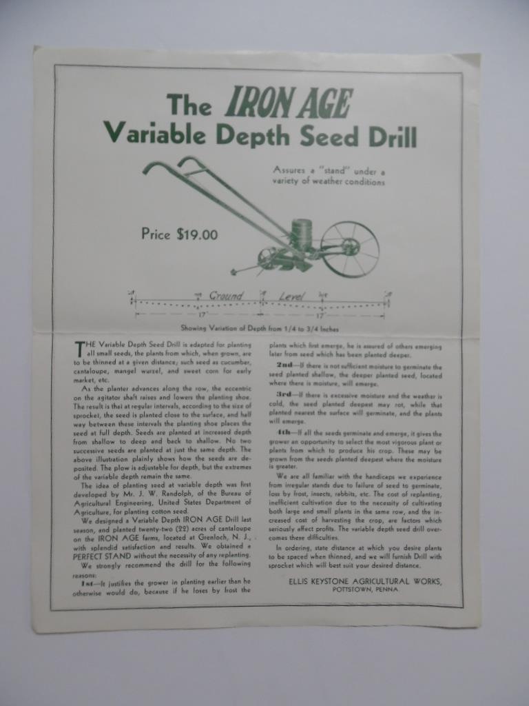 c.1940 Iron Age Variable Depth Seed Drill Catalog Sheet Ellis Keystone Vintage