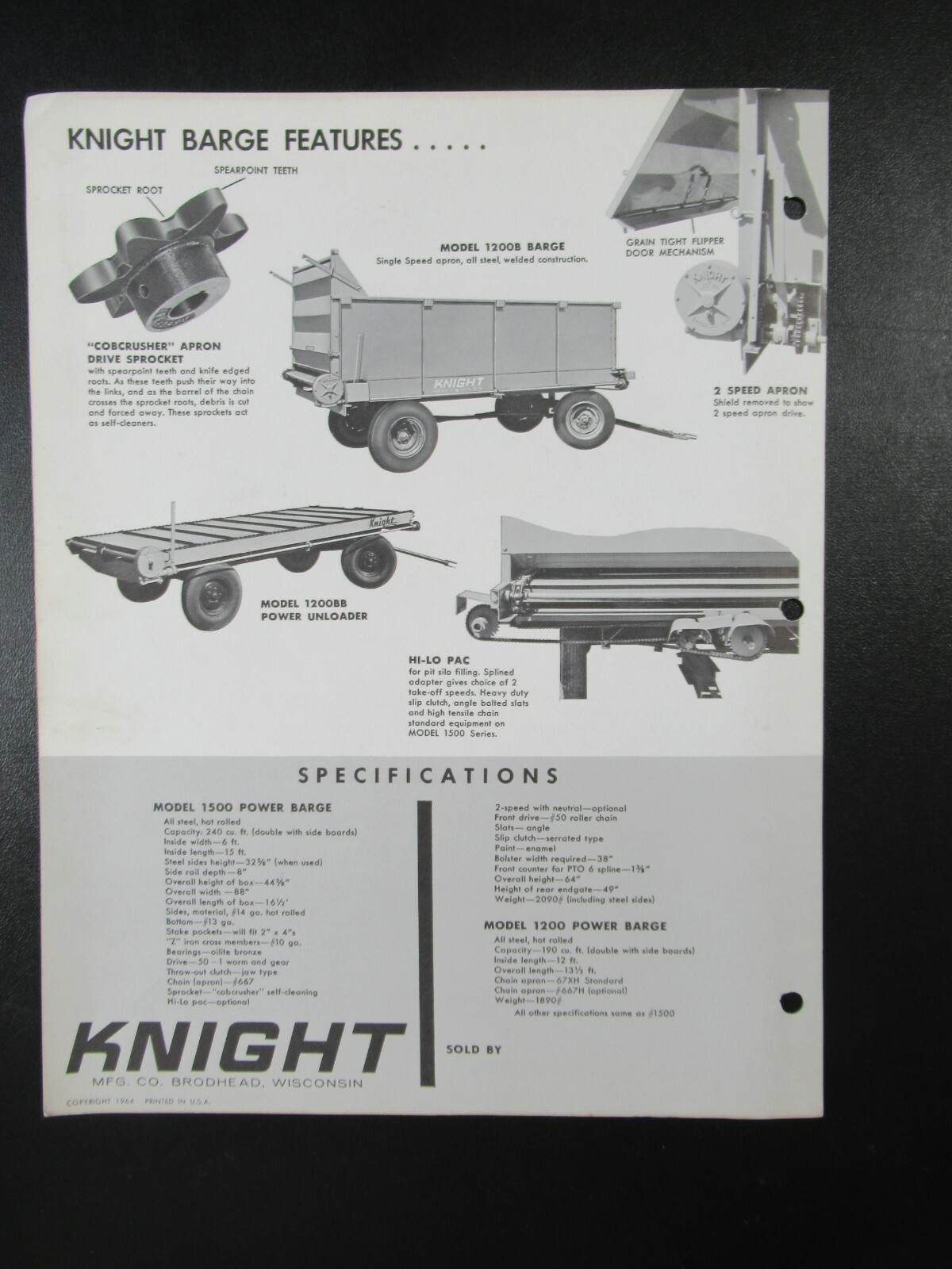 1964 Vintage Farm Equipment Advertising Brochure Knight Power Barge Unloader