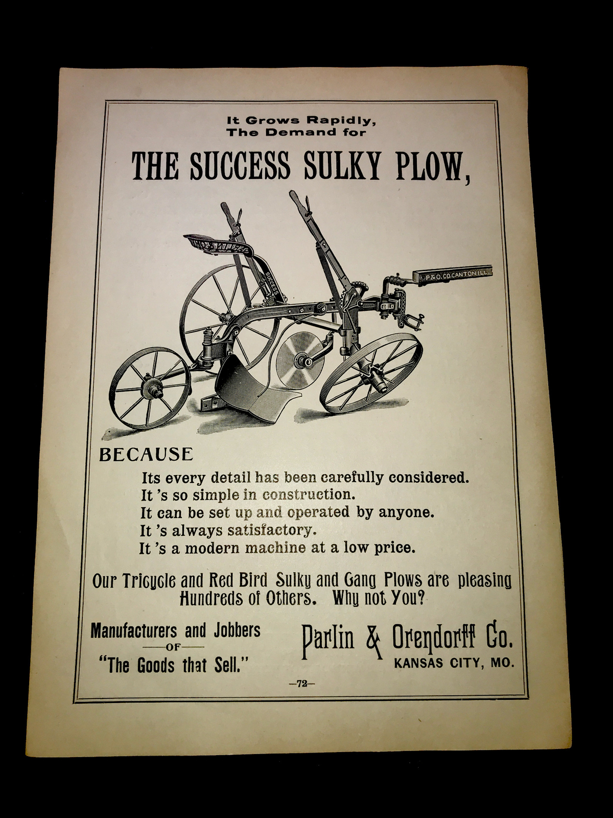 1898 P&O Success Plow Farm Advertising – Kansas City – Missouri