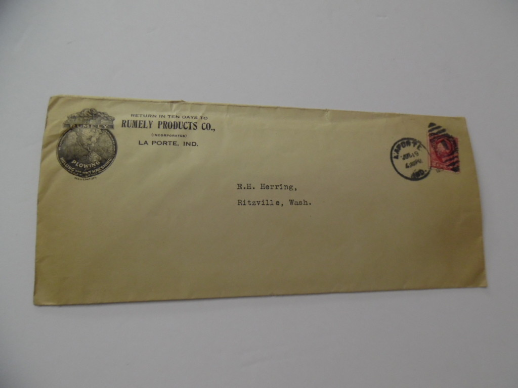 1913 RUMELY PRODUCTS CO. Illustrated Envelope Advertising Cover La Porte Antique