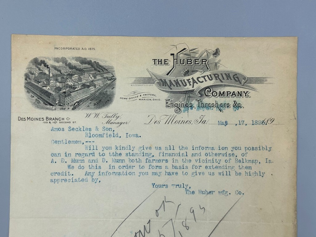 1895 HUBER THRESHERS ENGINES Farm Machinery Advertising Letterhead DES MOINES IA