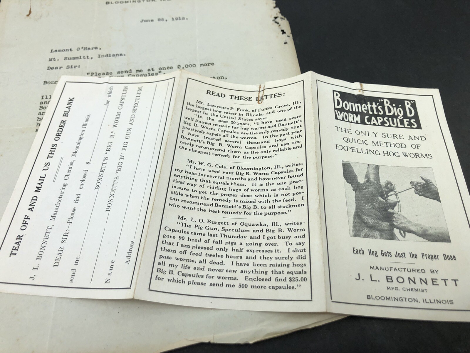 1918 BONNETTS BIG B HOG WORM CAPSULES ILLUS BROCHURE Letterhead Bloomington IL