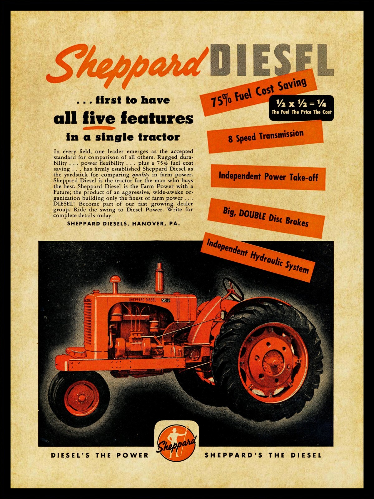 1952 Sheppard Diesel Tractors NEW Metal Sign 24&Prime;x30&Prime; USA STEEL XL Size 7 lb