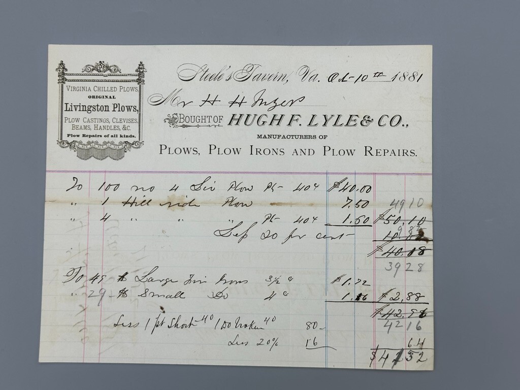 1881 STEELES TAVERN Virginia LIVINGSTON PLOWS Invoice FARM Advertising HUGH LYLE