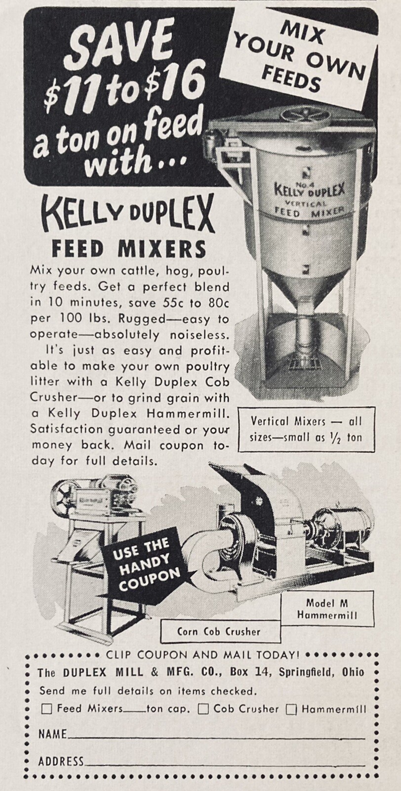 1955 AD(XH47)~DUPLEX MILL MFG. CO. SPRINGFIELD, O. KELLY DUPLEX FEED MIXERS