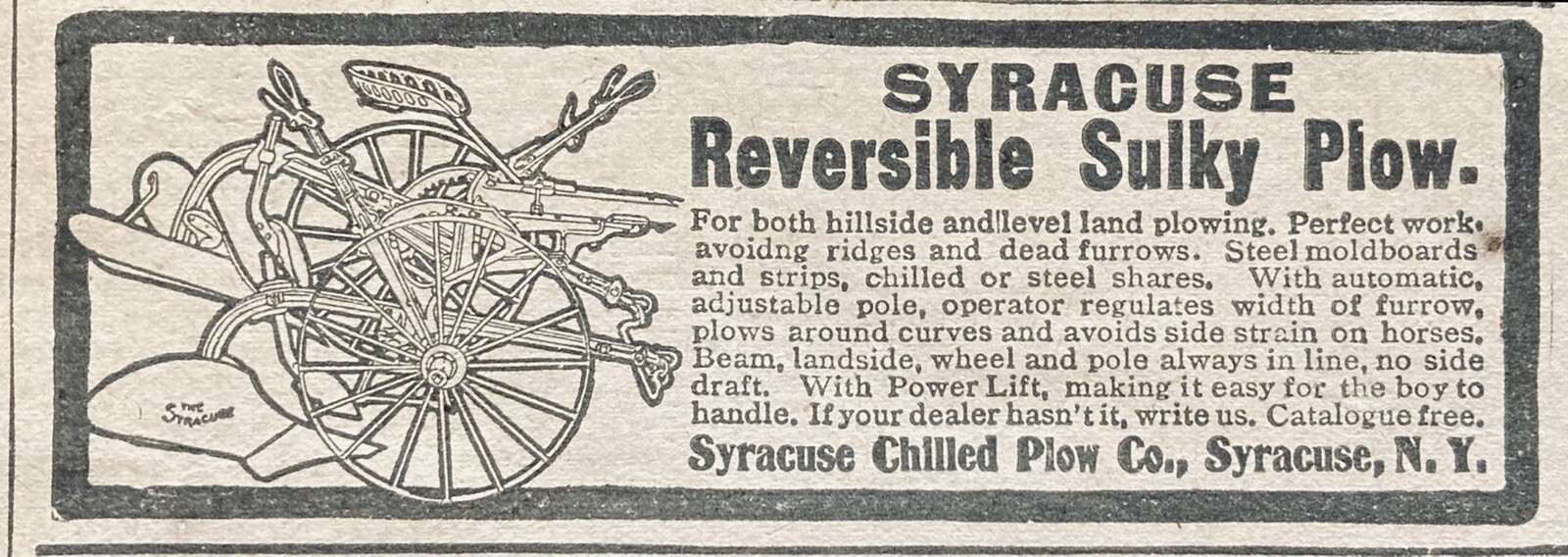 1906 AD(XH35)~SYRACUSE CHILLED PLOW CO. SYRACUSE REVERSIBLE SULKY PLOW